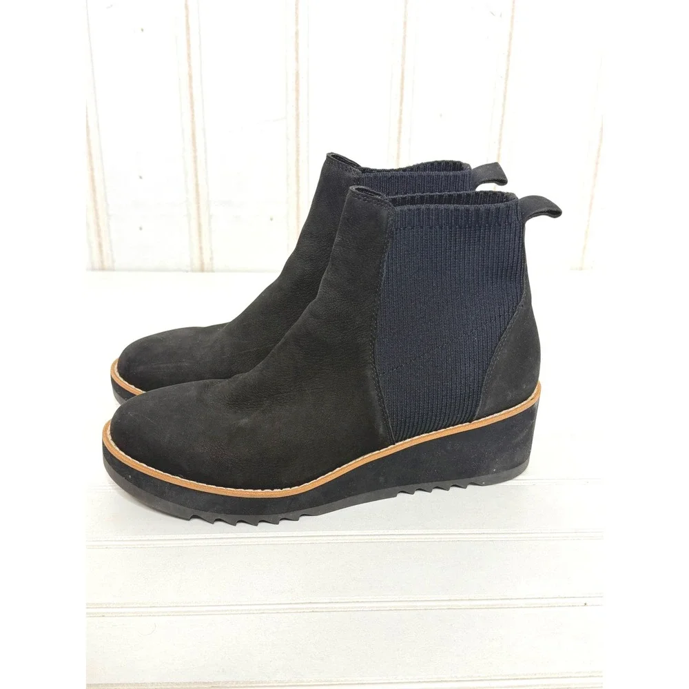 Eileen Fisher Black Suede Sock Wedge Ankle Boots Women Size 10
